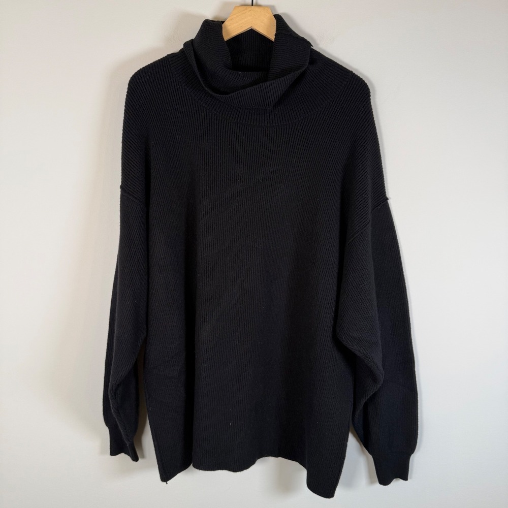 Free People Ottoman Slouchy Knit Turtleneck Tunic Sweater Medium Black Ribbed
